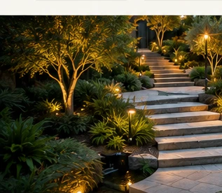 Jardín con iluminación